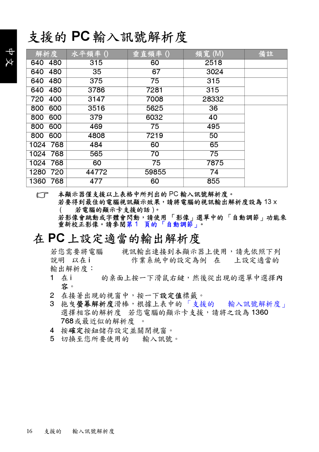 Philips 37PFL5422 manual 支援的 Pc 輸入訊號解析度, 頻寬 MHz 