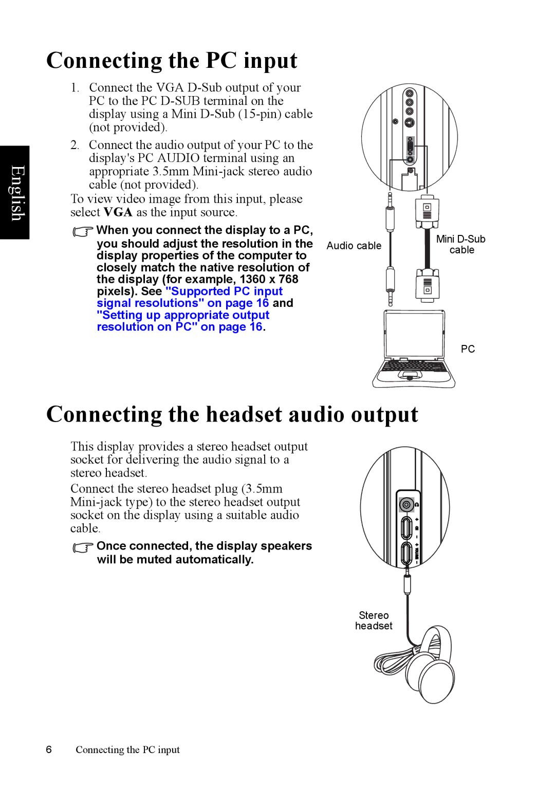 Philips 37PFL5422 manual Connecting the PC input, Connecting the headset audio output 