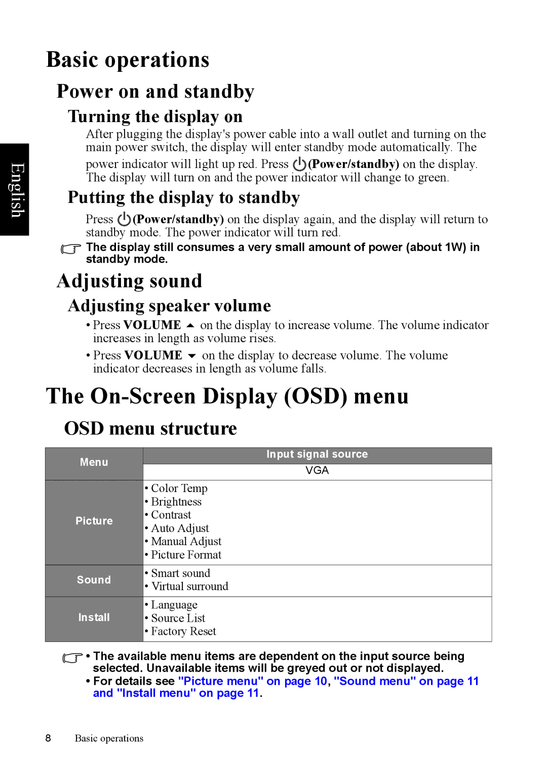 Philips 37PFL5422 manual Basic operations, On-Screen Display OSD menu, Power on and standby, Adjusting sound 