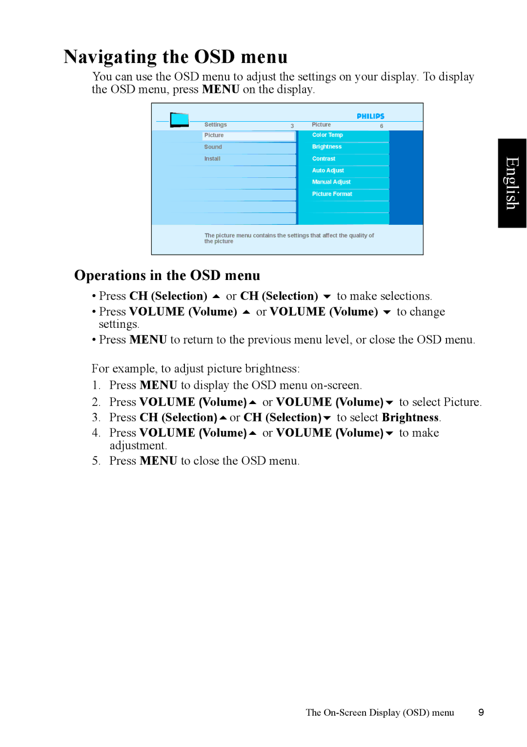 Philips 37PFL5422 manual Navigating the OSD menu, Operations in the OSD menu 