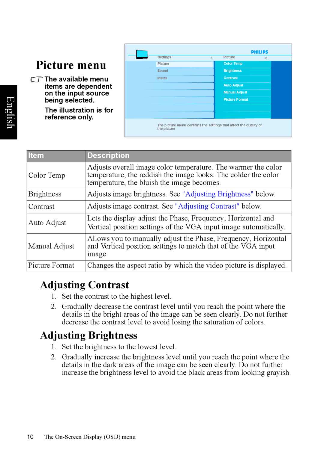 Philips 37PFL5422 manual Picture menu, Adjusting Contrast 