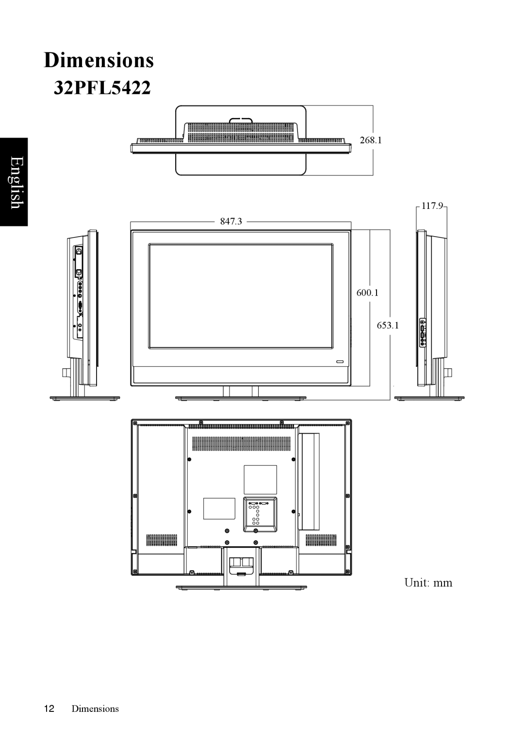 Philips 37PFL5422 manual Dimensions, 32PFL5422 