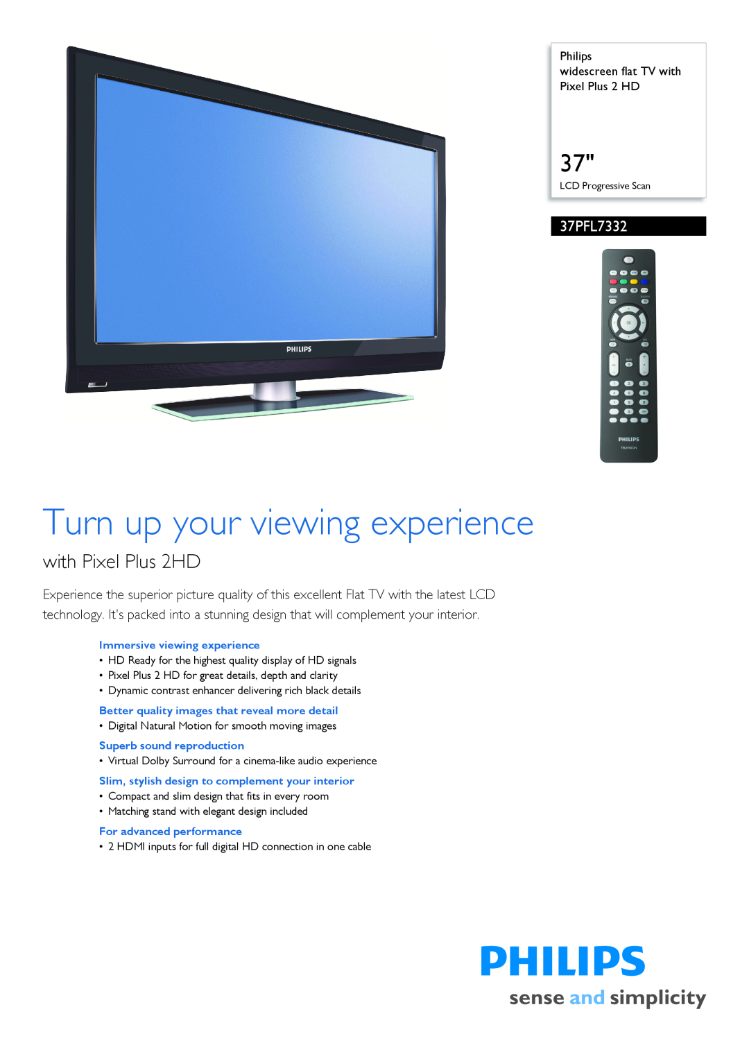 Philips 37PFL7332/10 manual Philips widescreen flat TV with Pixel Plus 2 HD, Immersive viewing experience 