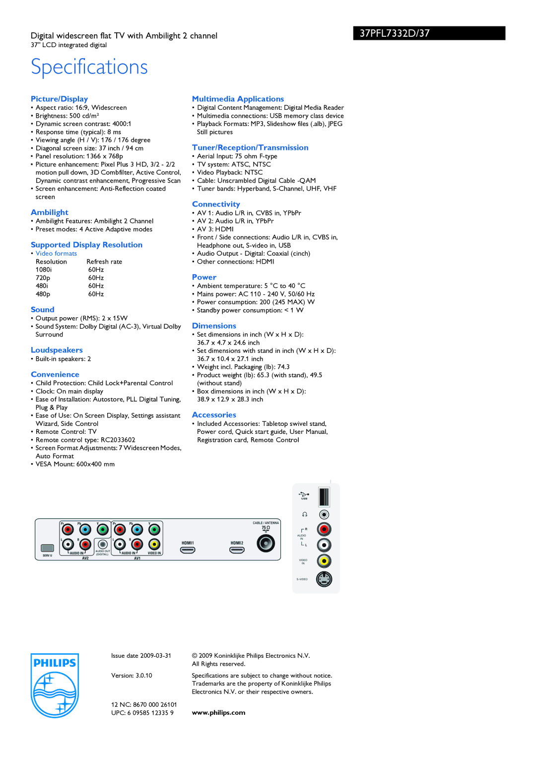 Philips 37PFL7332D/37E manual Specifications 