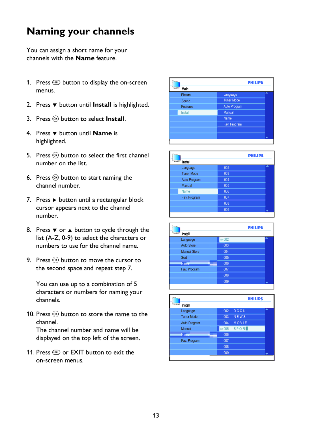 Philips 37PFL7342 user manual Naming your channels 