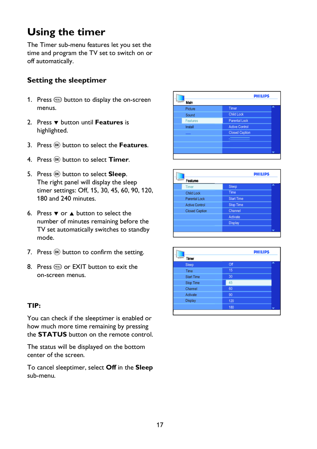 Philips 37PFL7342 user manual Using the timer, Setting the sleeptimer 