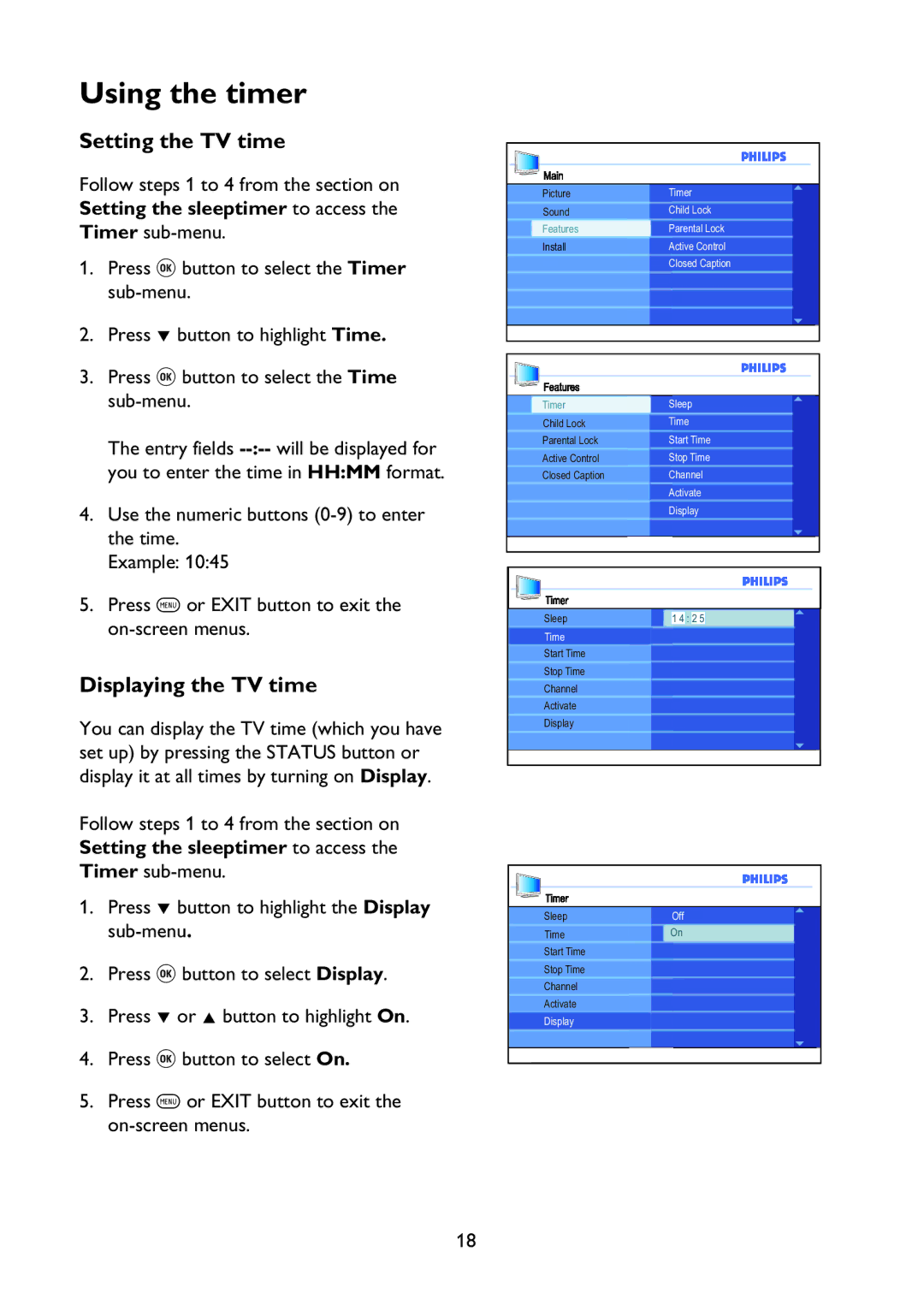 Philips 37PFL7342 user manual Setting the TV time, Displaying the TV time 