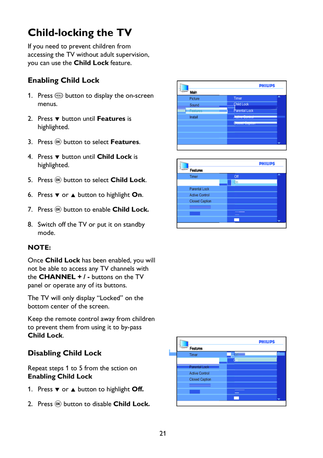 Philips 37PFL7342 user manual Child-locking the TV, Enabling Child Lock, Disabling Child Lock 