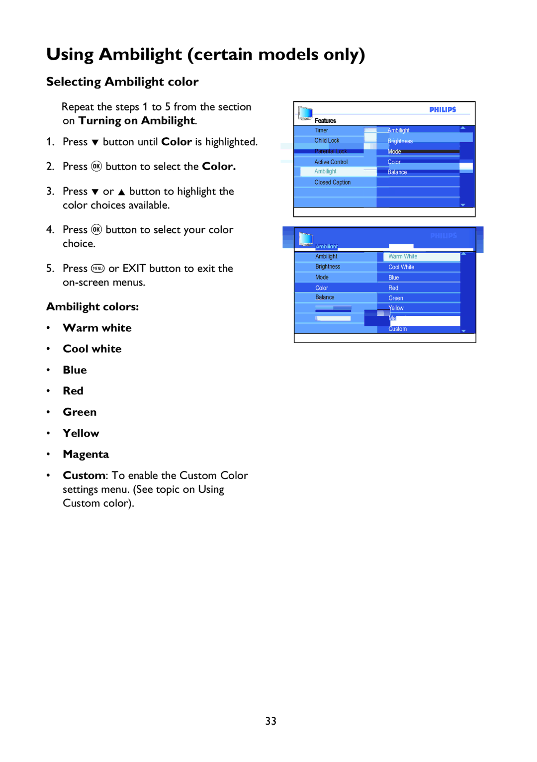 Philips 37PFL7342 user manual Selecting Ambilight color 