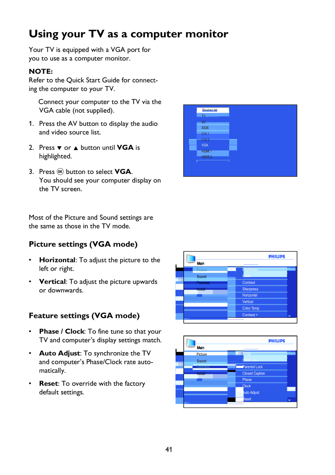 Philips 37PFL7342 user manual Using your TV as a computer monitor, Picture settings VGA mode, Feature settings VGA mode 