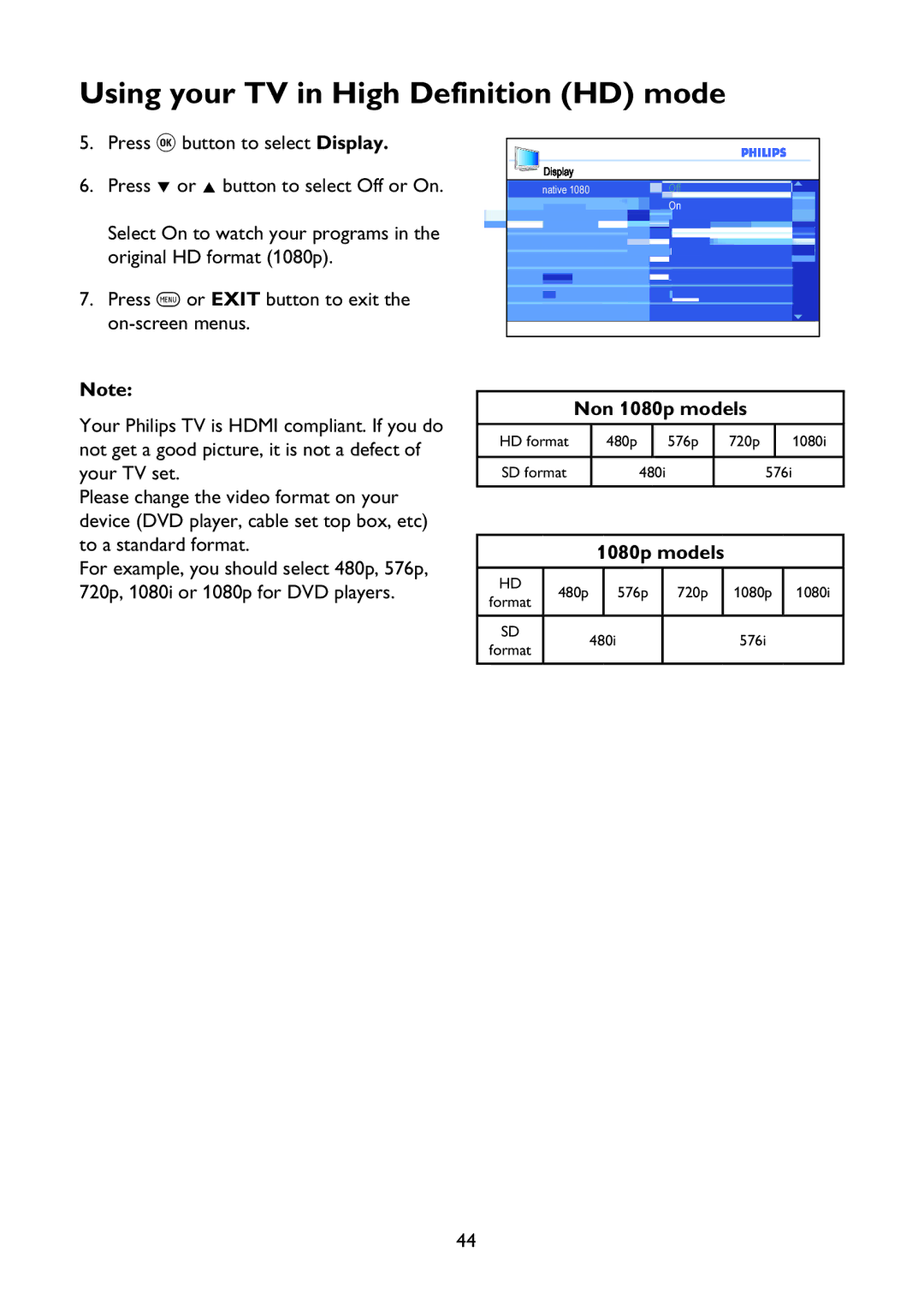 Philips 37PFL7342 user manual Non 1080p models 