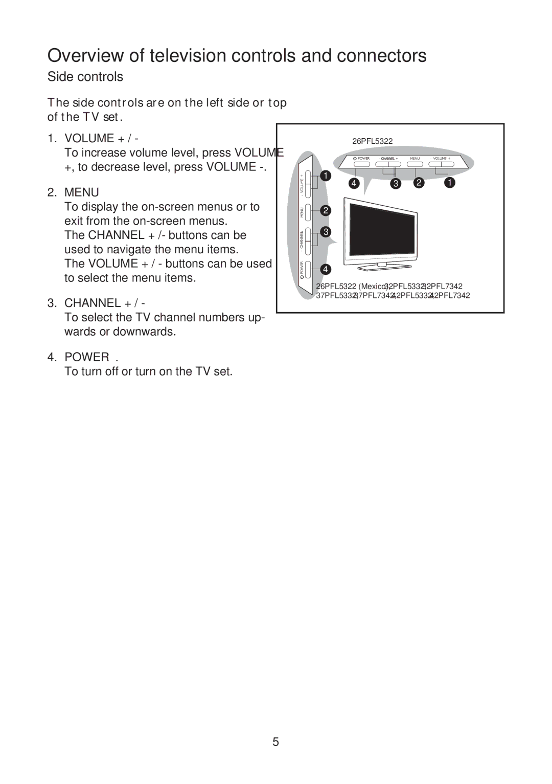 Philips 37PFL7342 user manual Overview of television controls and connectors, Side controls, Volume +, Channel +, Power 