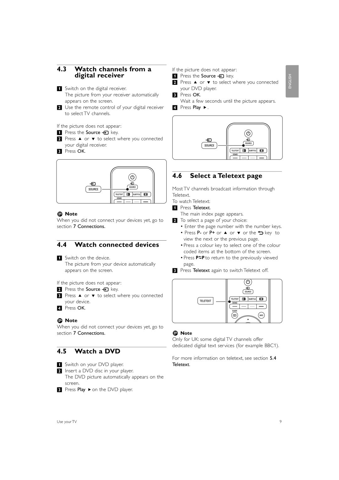 Philips 37PFL7403 Watch channels from a digital receiver, Watch connected devices, Watch a DVD, Select a Teletext, RNote 