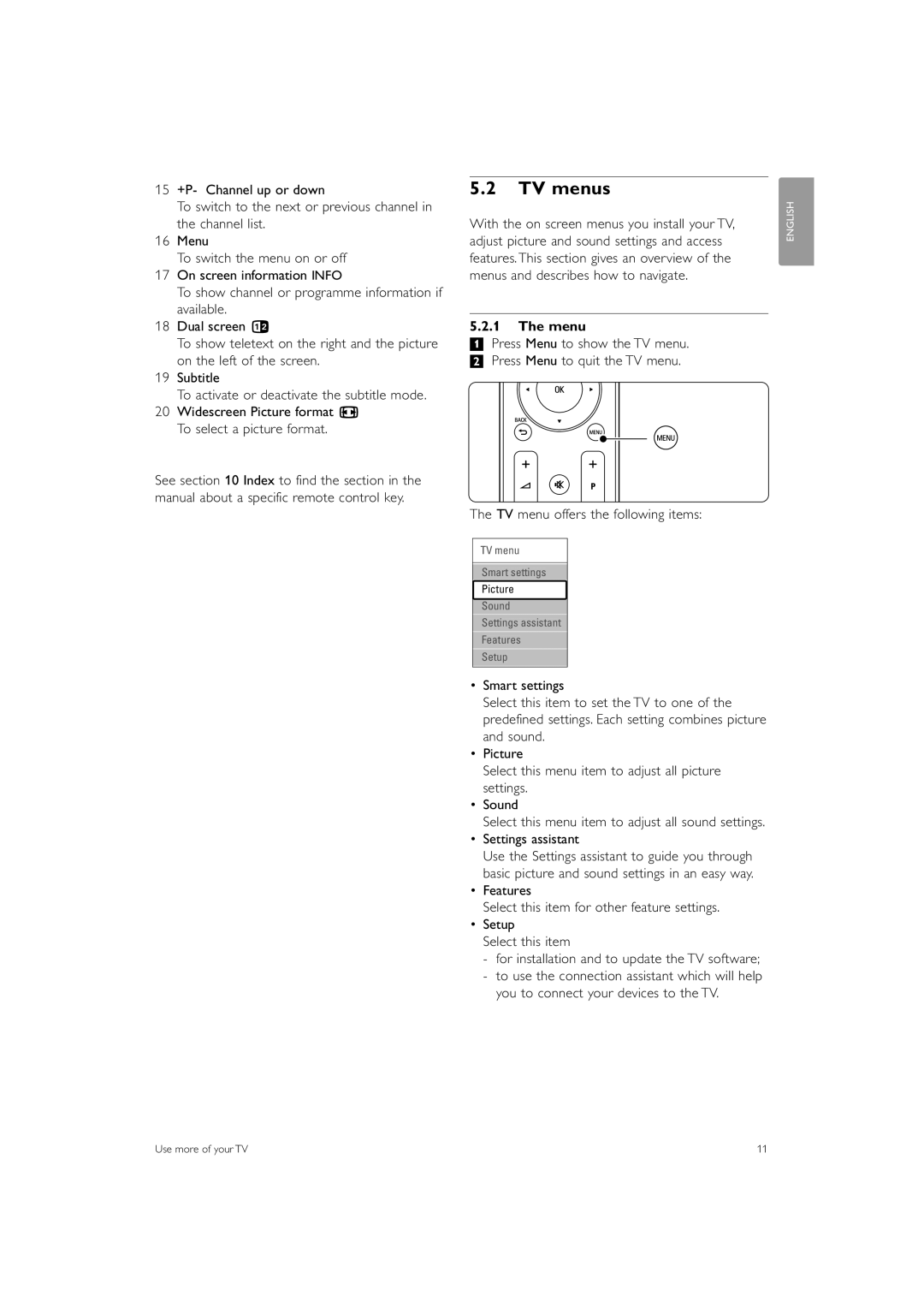 Philips 37PFL7403 manual TV menus, Menu, TV menu offers the following items, Settings assistant 