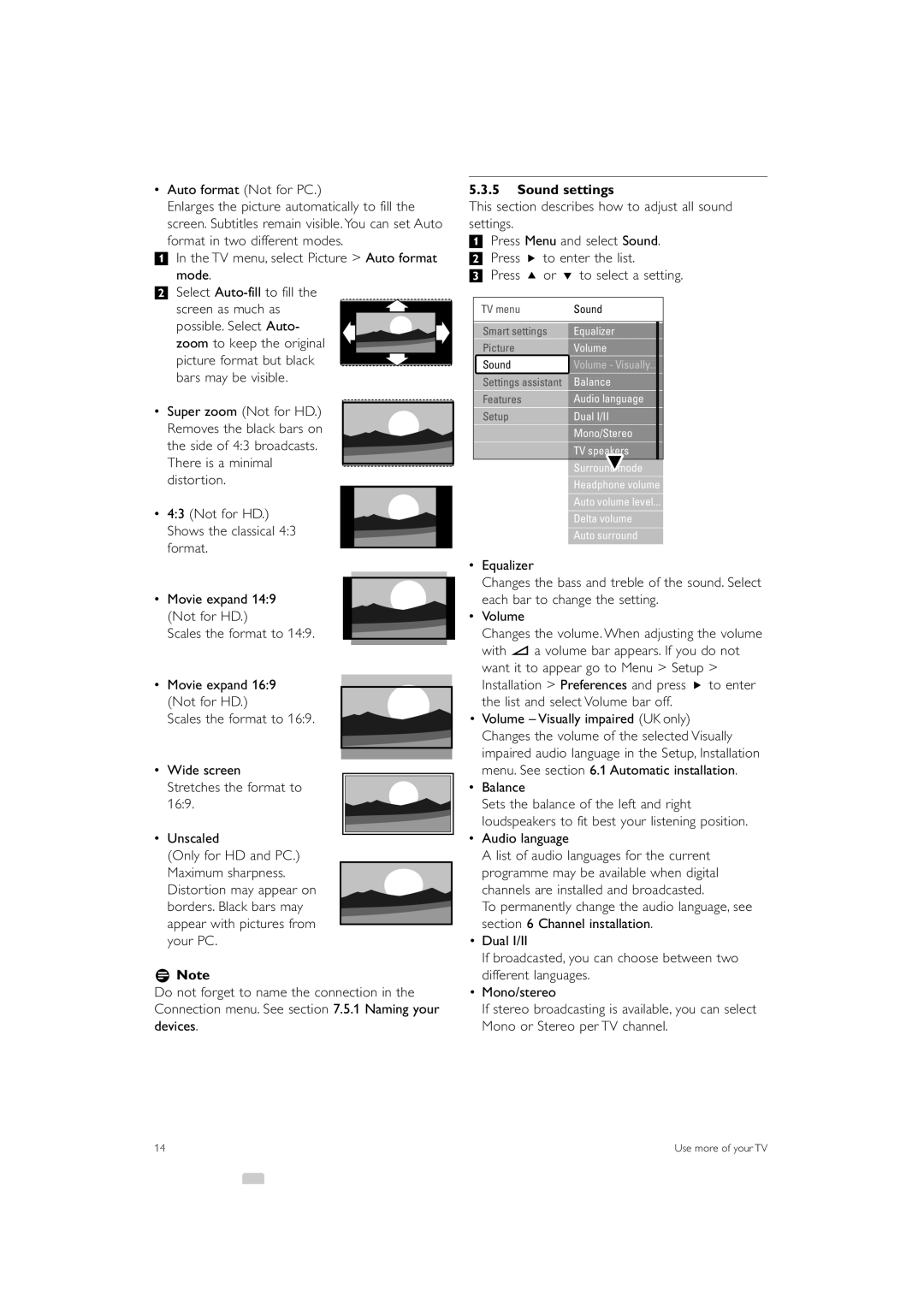 Philips 37PFL7403 manual Sound settings, This section describes how to adjust all sound settings, Balance, Audio language 