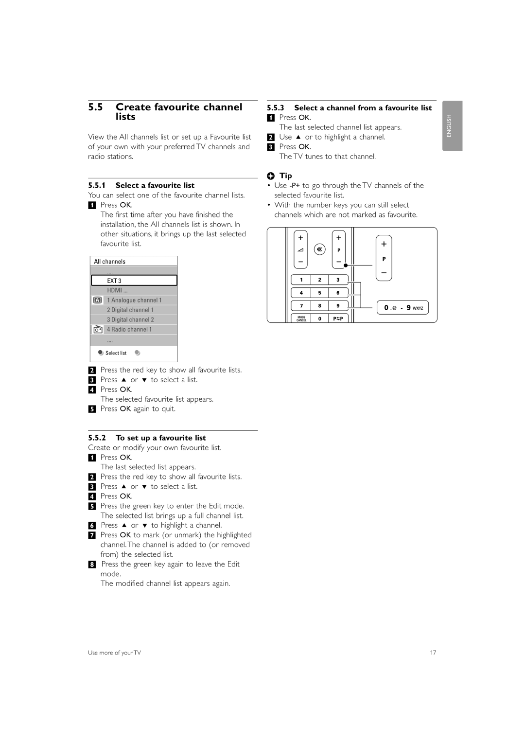 Philips 37PFL7403 manual Create favourite channel lists, Select a favourite list, Press o or œ to highlight a channel 