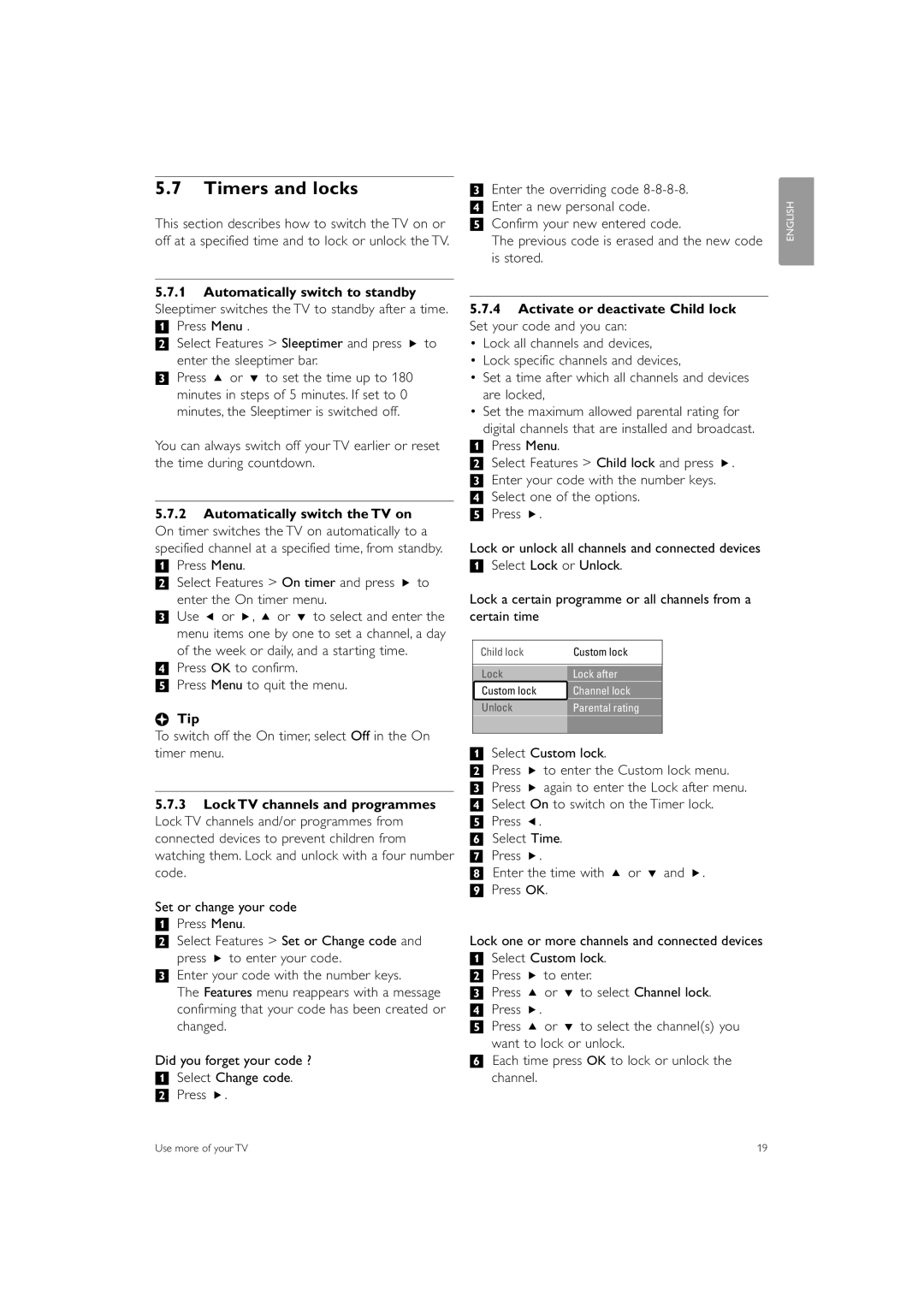 Philips 37PFL7403 manual Timers and locks, † Press OK to confirm Press Menu to quit the menu, ‡ Select Custom lock 