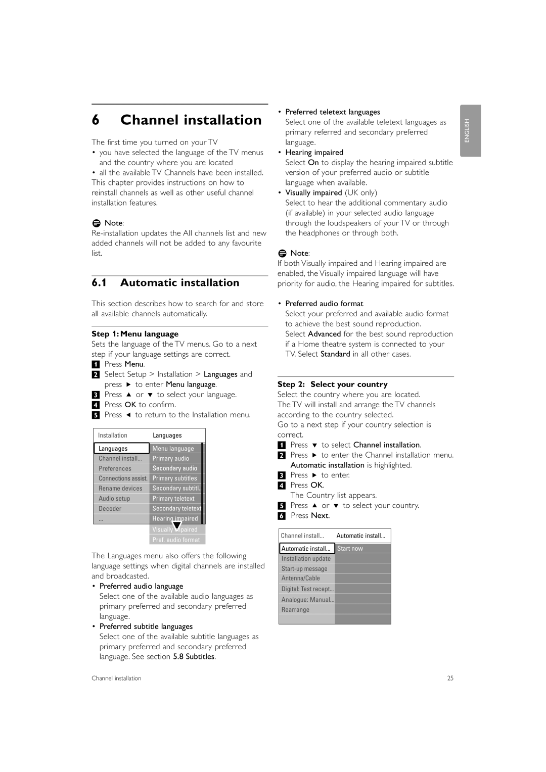 Philips 37PFL7403 manual Channel installation, Automatic installation, Menu language, Select your country 