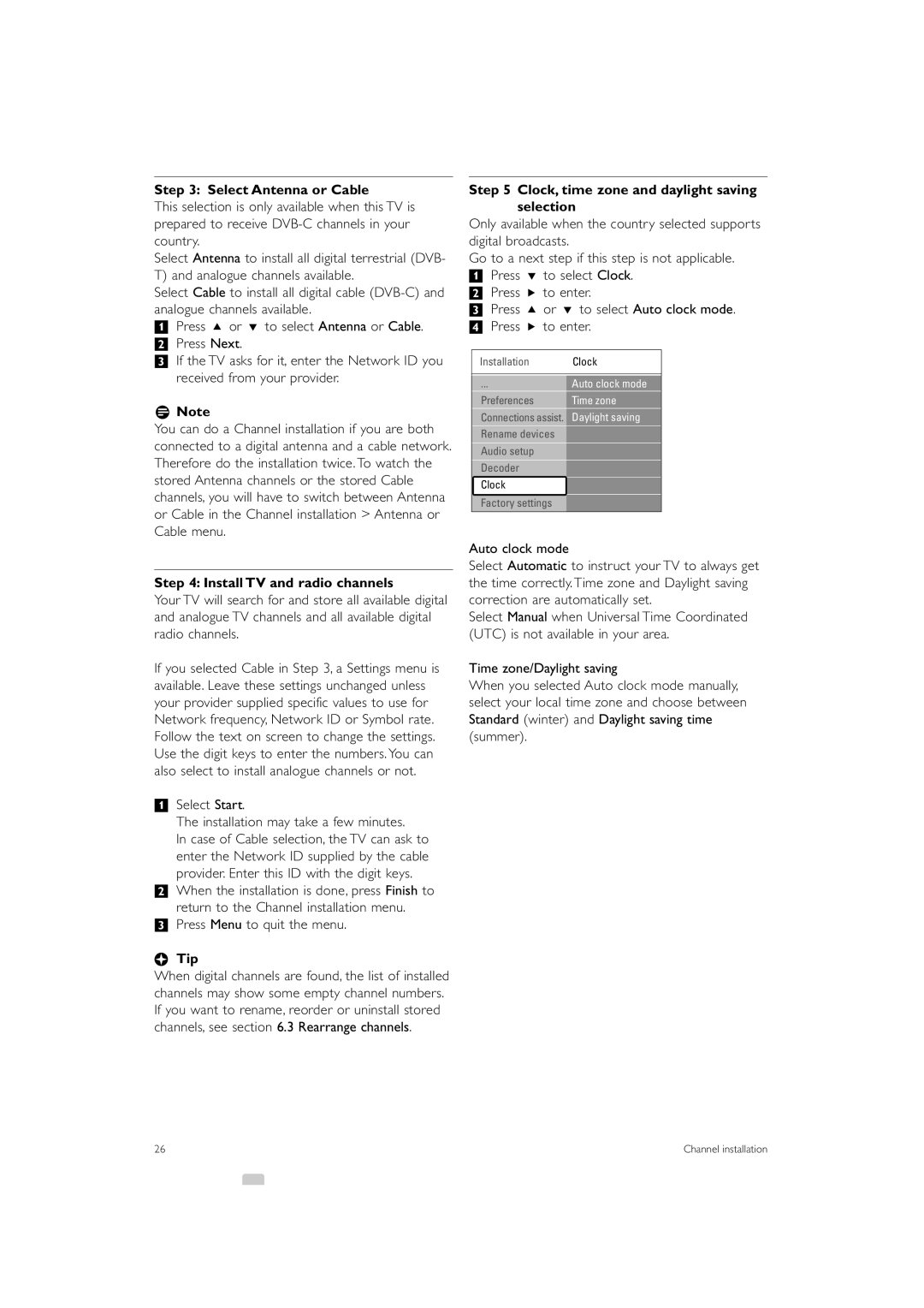 Philips 37PFL7403 Select Antenna or Cable, Install TV and radio channels, Clock, time zone and daylight saving selection 