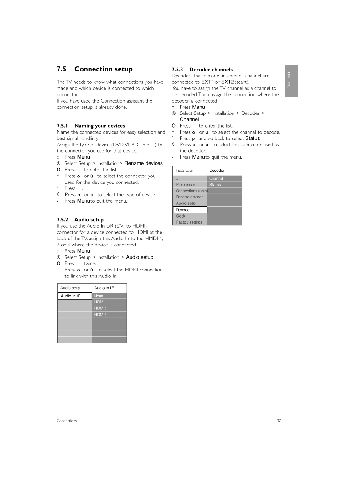 Philips 37PFL7403 manual Connection setup, Naming your devices, Audio setup, Decoder channels 