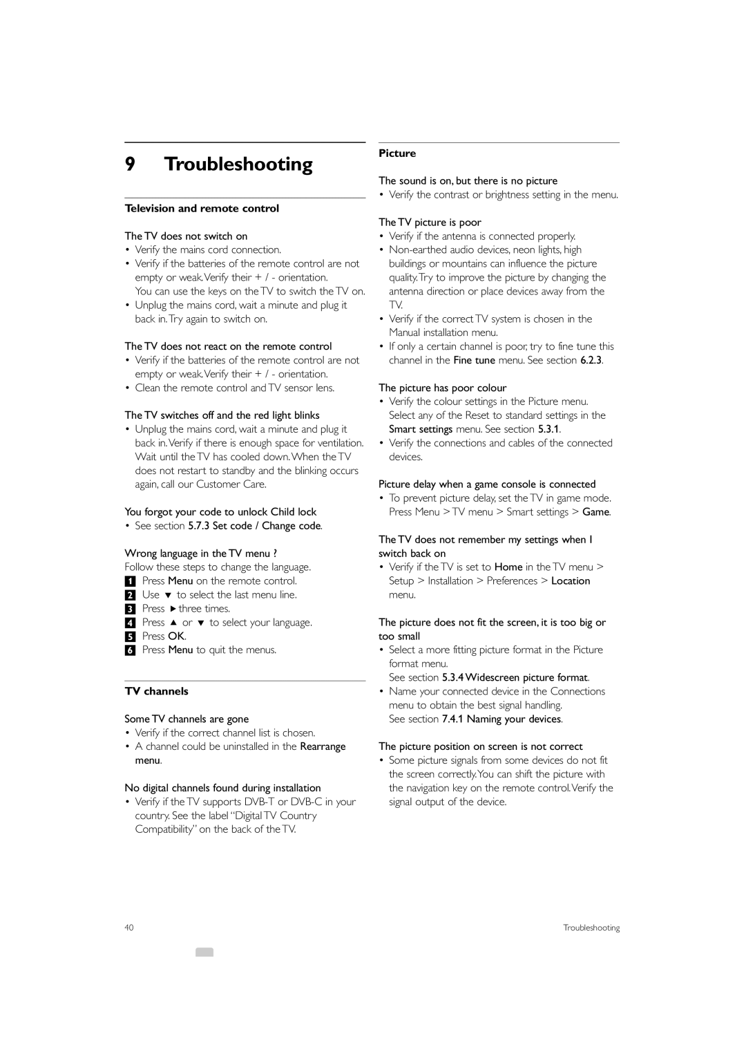 Philips 37PFL7403 manual Troubleshooting, Television and remote control, TV channels, Picture 