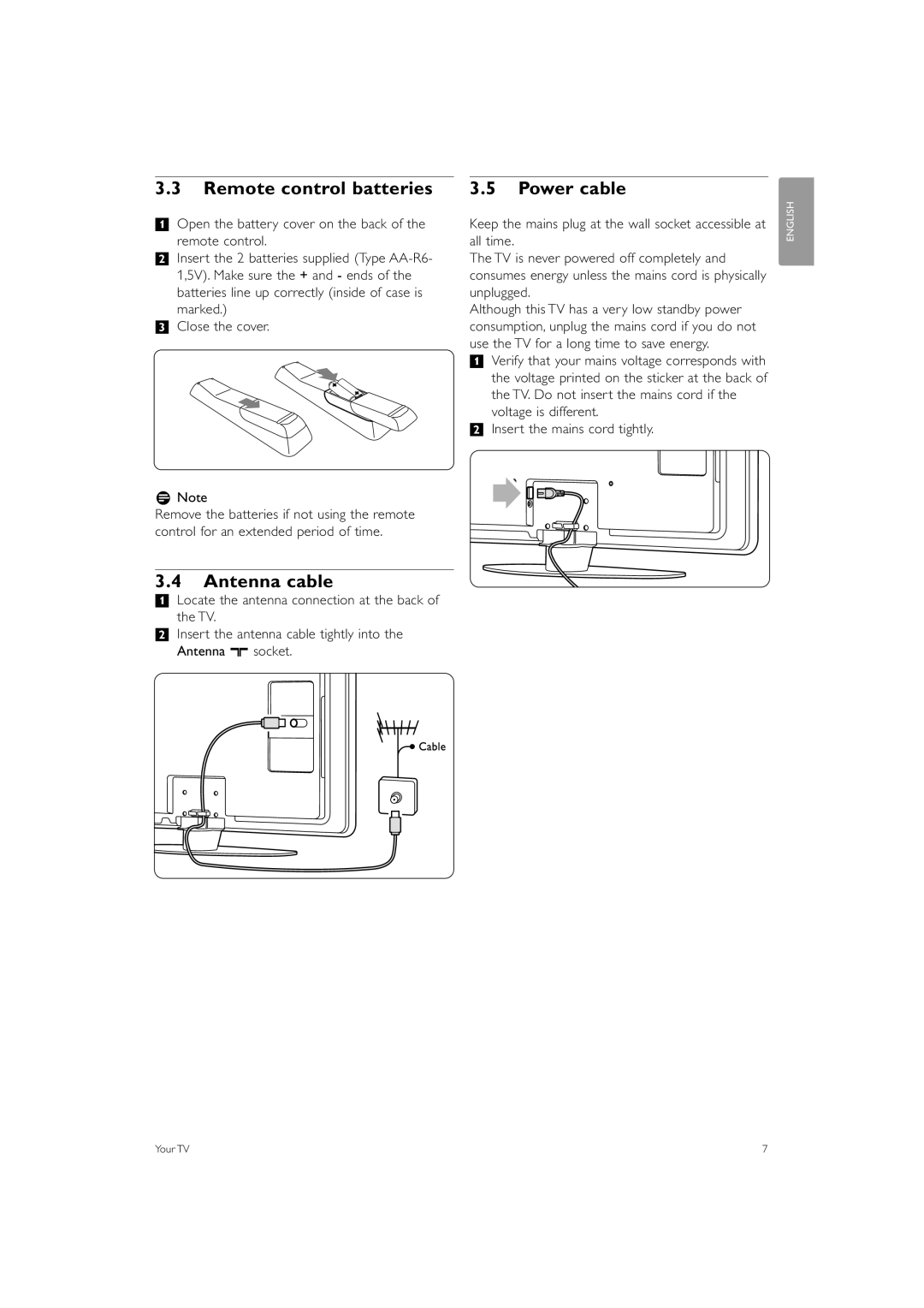 Philips 37PFL7403 manual Remote control batteries, Antenna cable, Power cable, Marked Close the cover RNote 