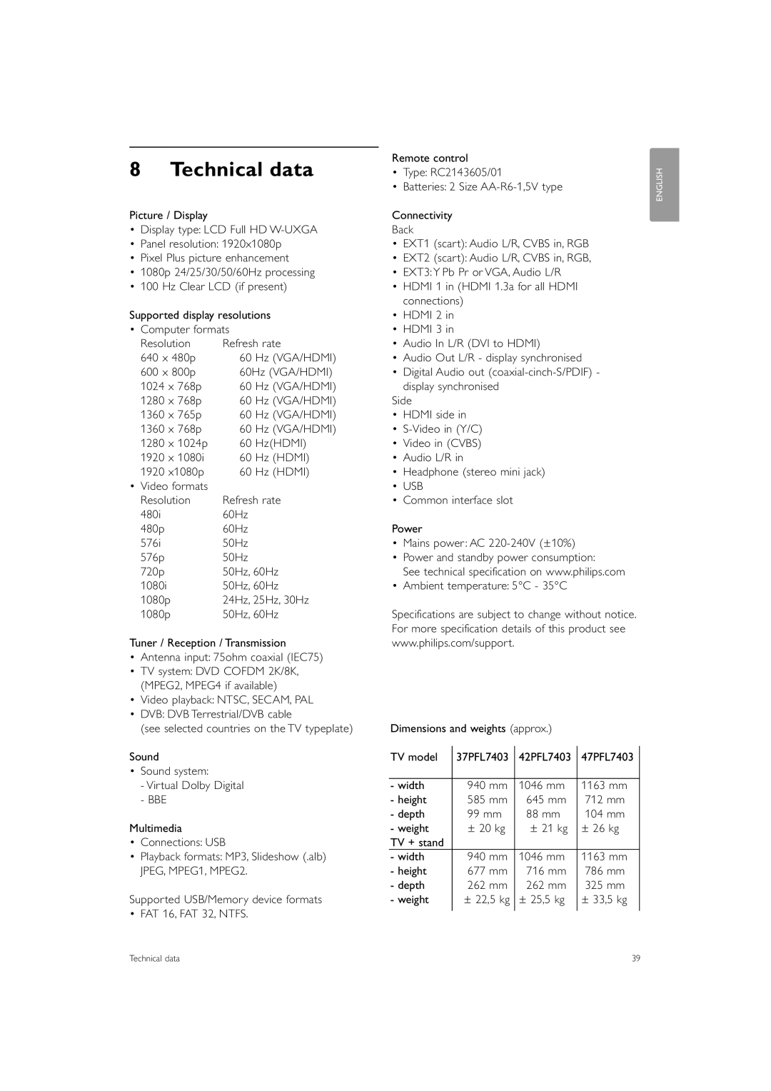 Philips 37PFL7403 manual Technical data 