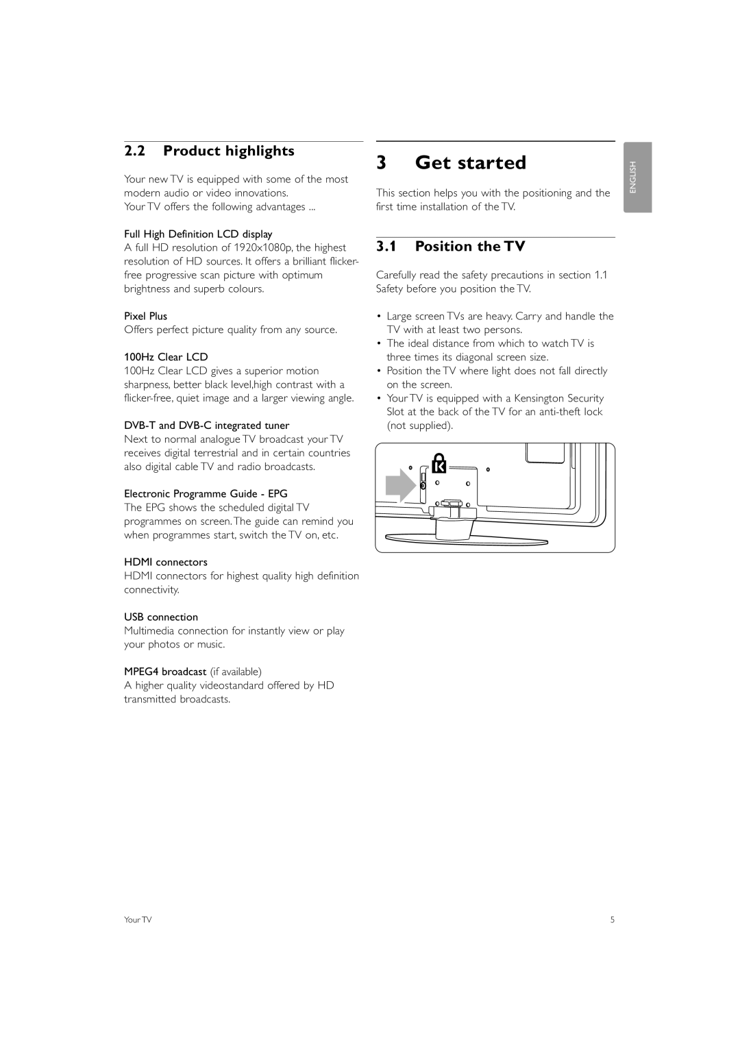 Philips 37PFL7403 manual Get started, Product highlights, Position the TV 