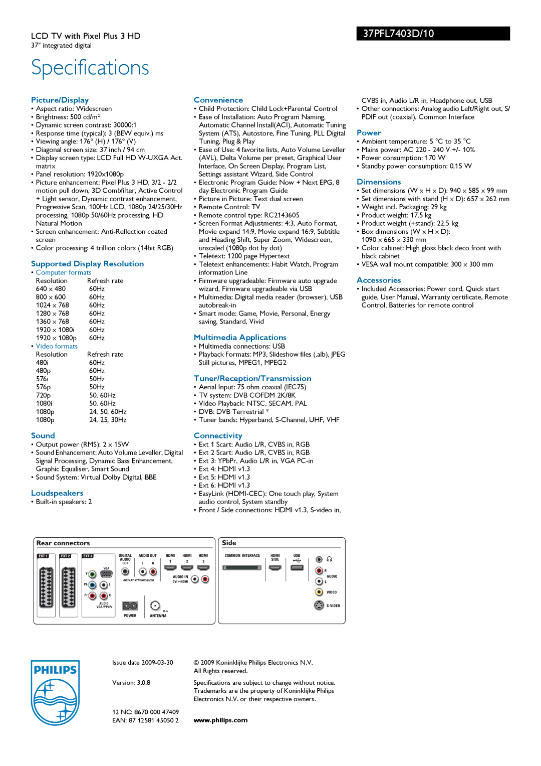 Philips 37PFL7403D/10 manual Picture/Display Convenience, Power, Dimensions, Supported Display Resolution, Accessories 