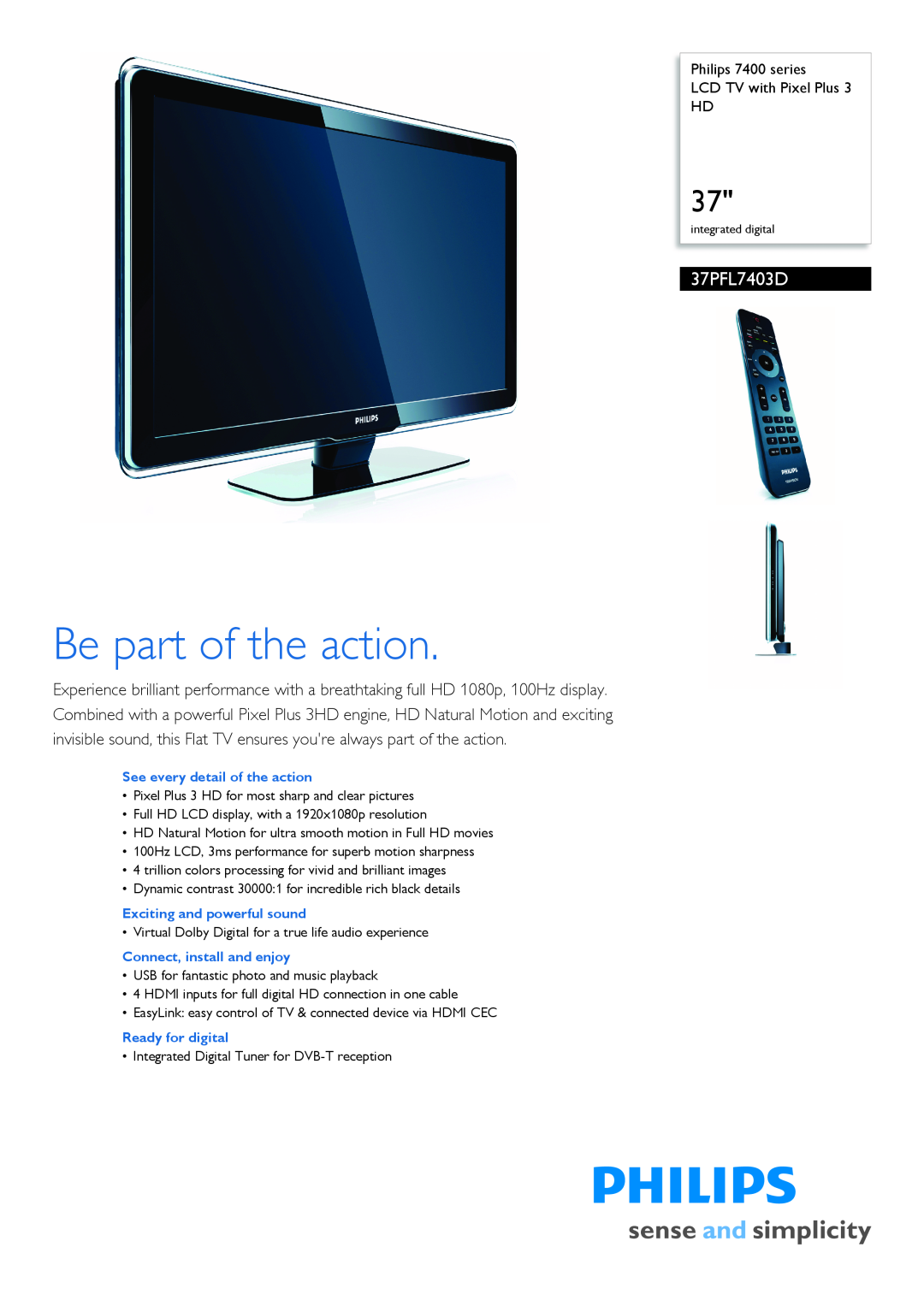Philips 37PFL7403D/10 manual Philips 7400 series LCD TV with Pixel Plus HD, Be part of the action 