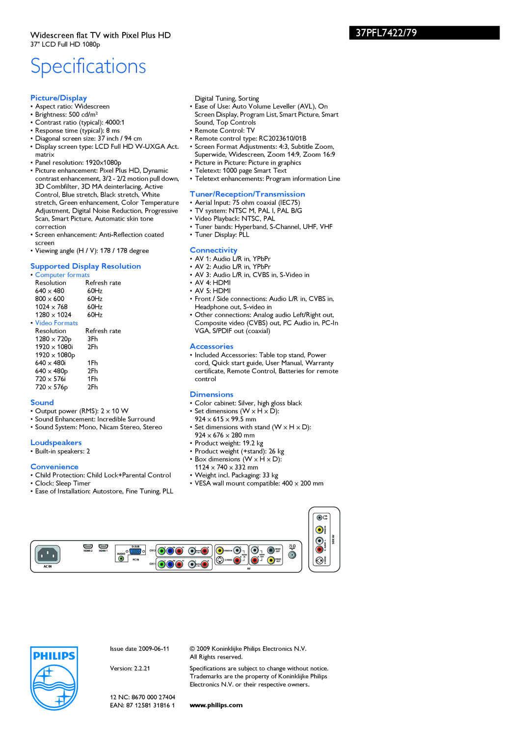 Philips 37PFL7422/79 manual Picture/Display, Supported Display Resolution, Sound, Loudspeakers, Convenience, Connectivity 