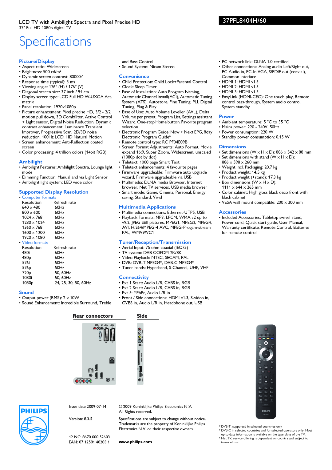 Philips 37PFL8404H/60 Specifications, Picture/Display, Ambilight, Supported Display Resolution, Sound, Convenience, Power 