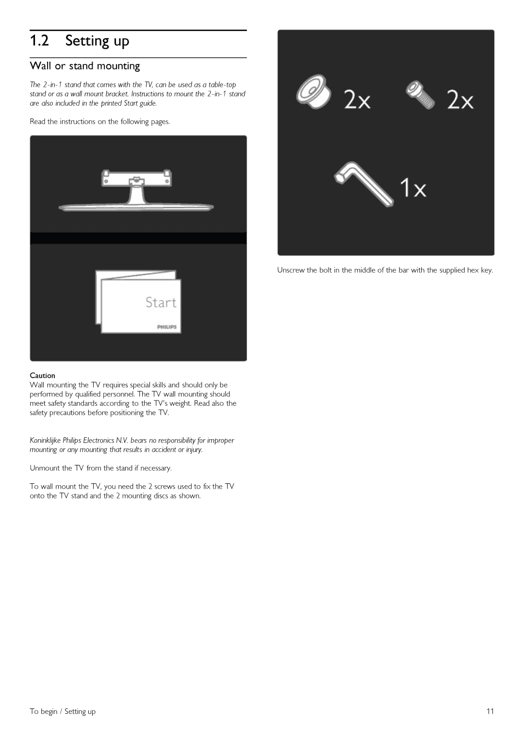 Philips 32PFL860sH, 37PFL860SH, 52PFL860SH, 40PFL860SH, 46PFL860SH manual Setting up, Wall or stand mounting 