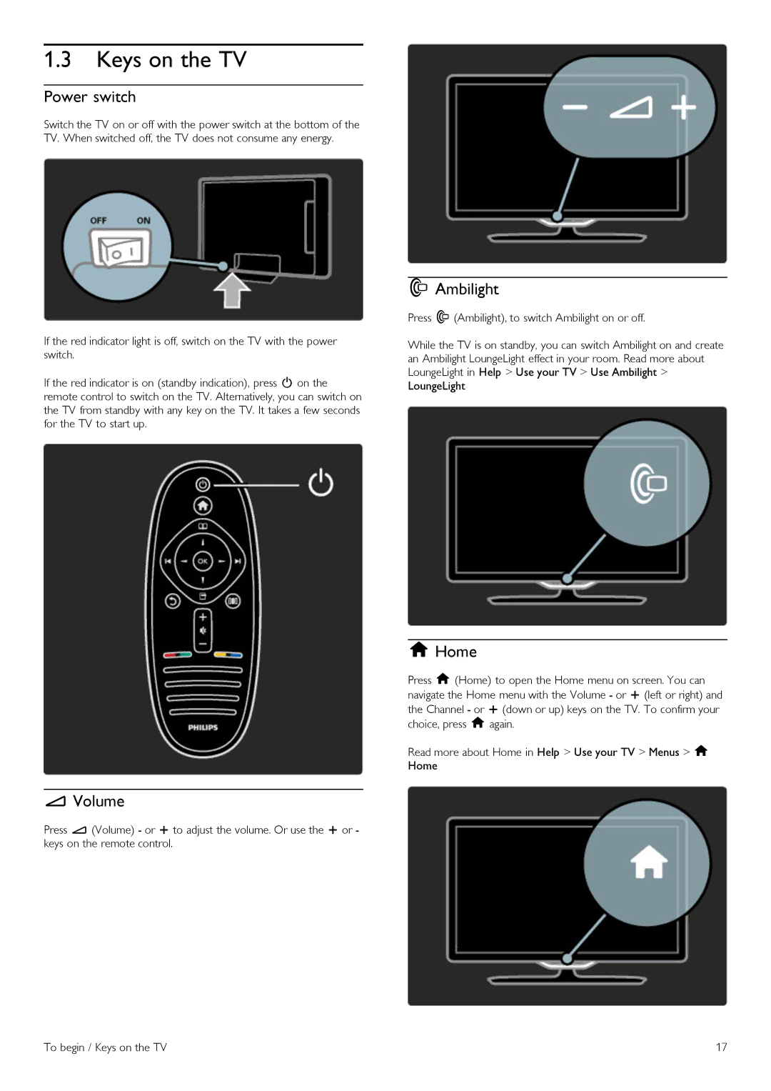 Philips 52PFL860SH, 37PFL860SH, 32PFL860sH, 40PFL860SH, 46PFL860SH manual Keys on the TV, Power switch, Volume, Ambilight, Home 