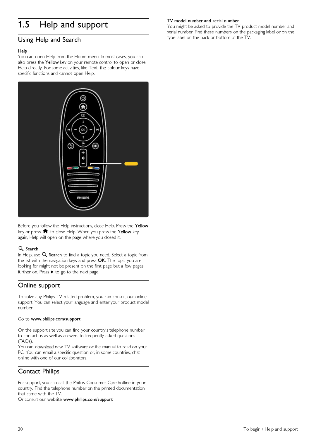 Philips 37PFL860SH, 32PFL860sH, 52PFL860SH manual Help and support, Using Help and Search, Online support, Contact Philips 