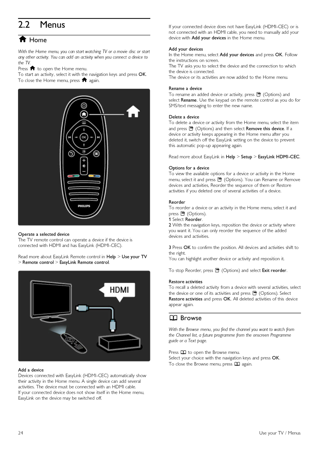 Philips 46PFL860SH, 37PFL860SH, 32PFL860sH, 52PFL860SH, 40PFL860SH manual Menus, Browse 