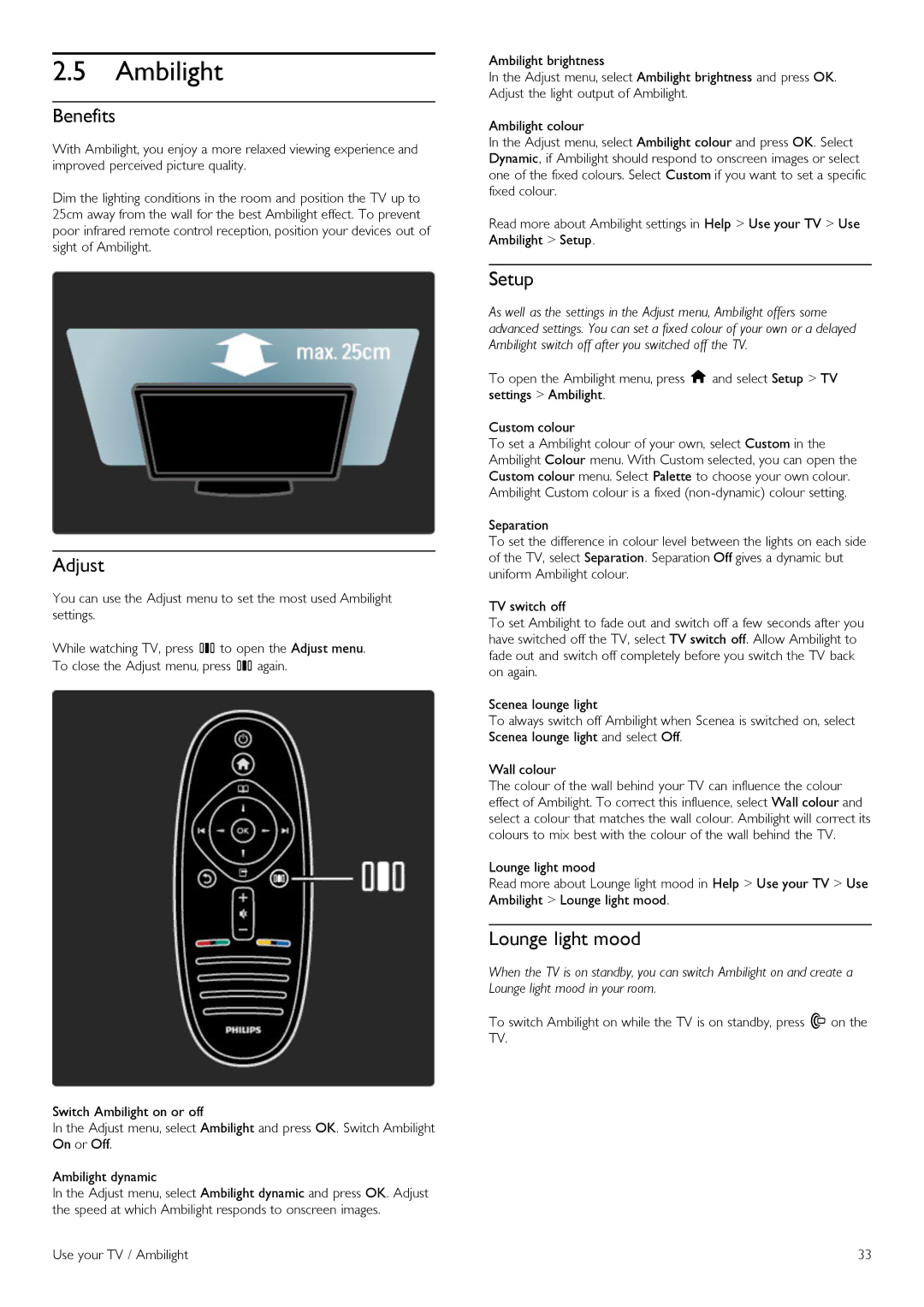 Philips 40PFL860SH, 37PFL860SH, 32PFL860sH, 52PFL860SH, 46PFL860SH manual Ambilight, Benefits, Setup, Lounge light mood 