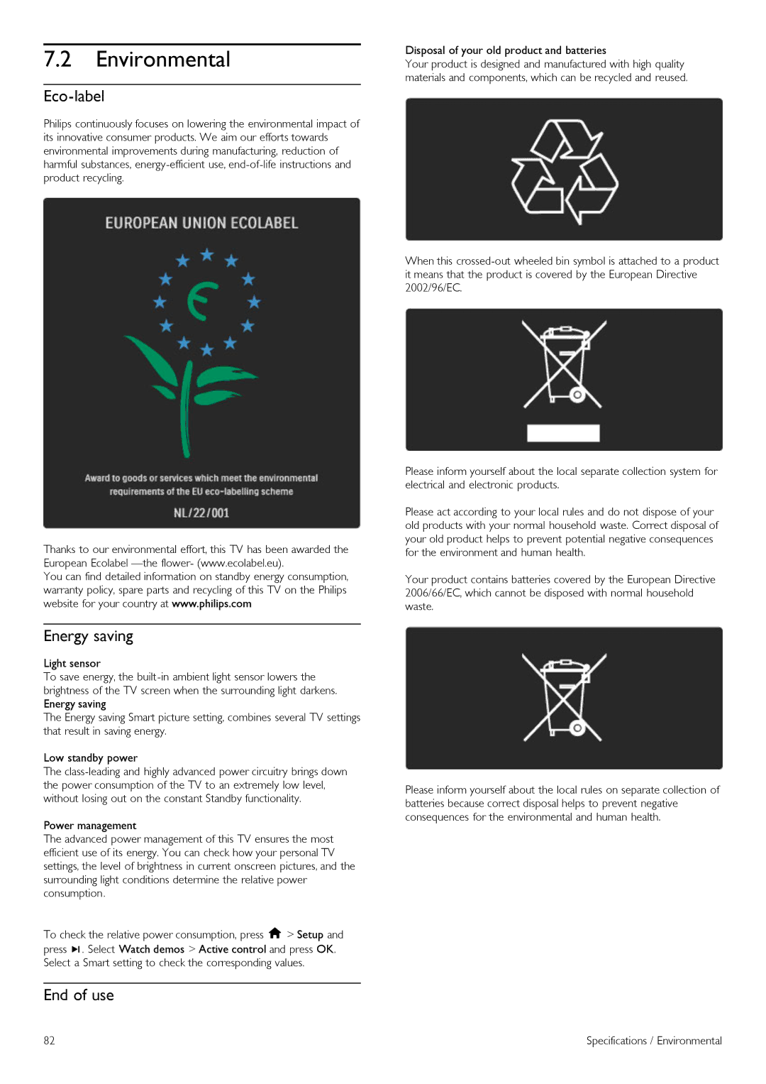 Philips 52PFL860SH, 37PFL860SH, 32PFL860sH, 40PFL860SH, 46PFL860SH manual Environmental, Eco-label, Energy saving, End of use 