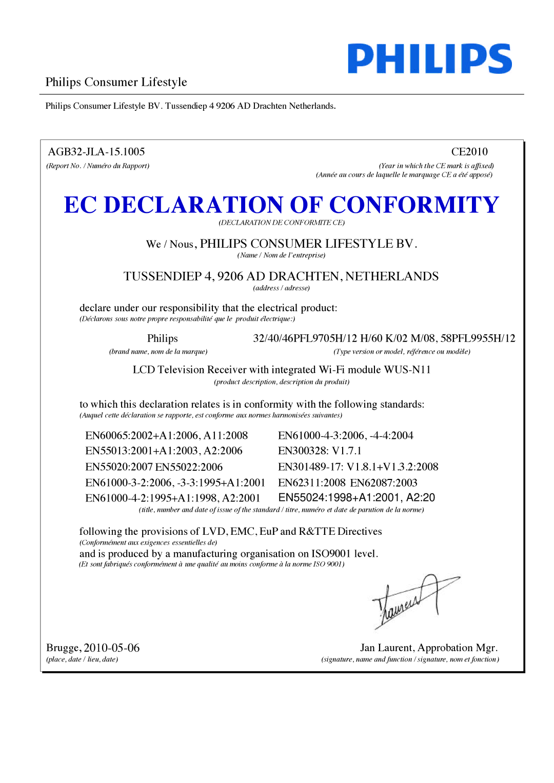 Philips 37PFL860SH, 32PFL860sH, 52PFL860SH, 40PFL860SH, 46PFL860SH manual EC Declaration of Conformity 