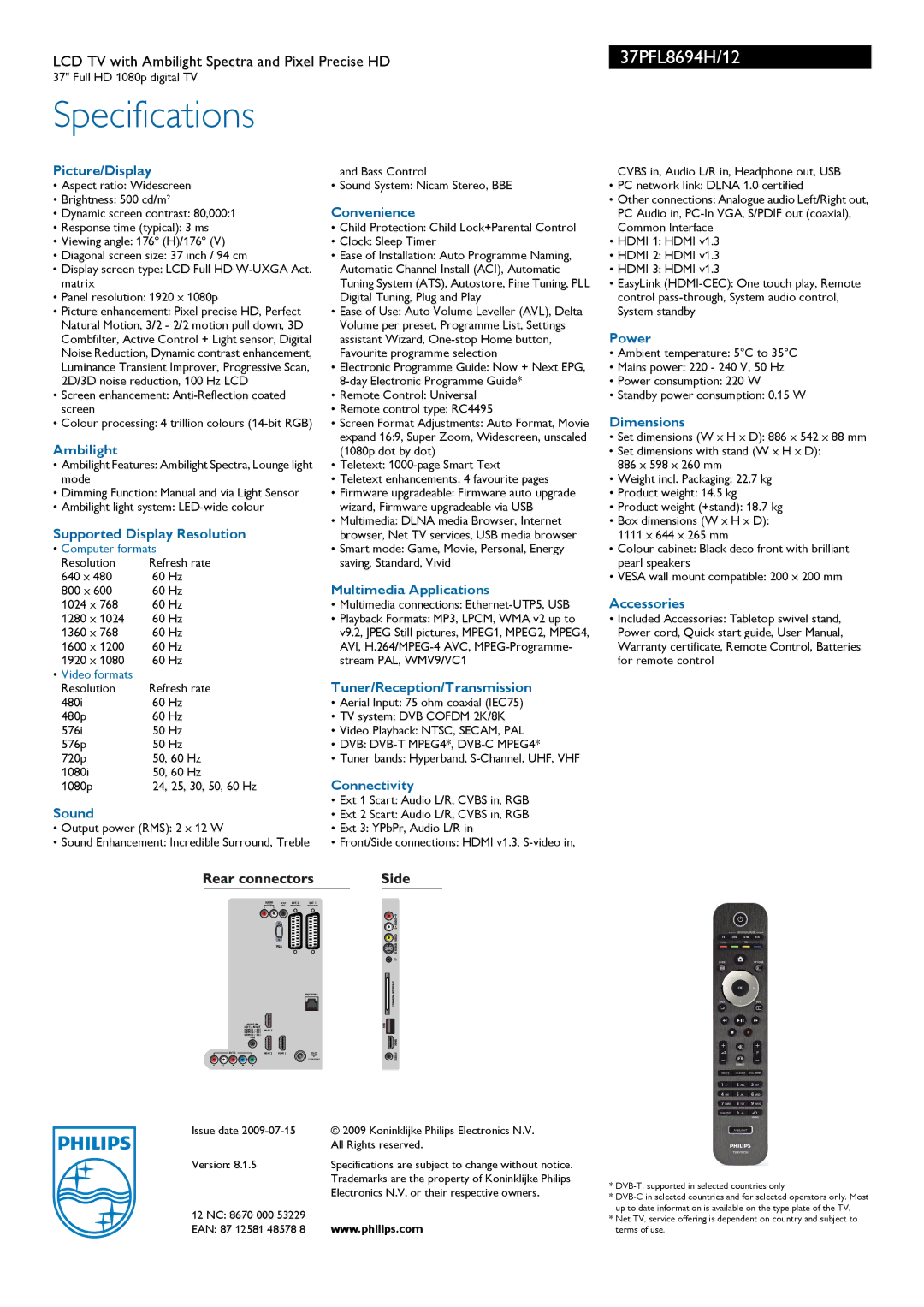 Philips 37PFL8694H Picture/Display, Ambilight, Supported Display Resolution, Sound, Convenience, Multimedia Applications 