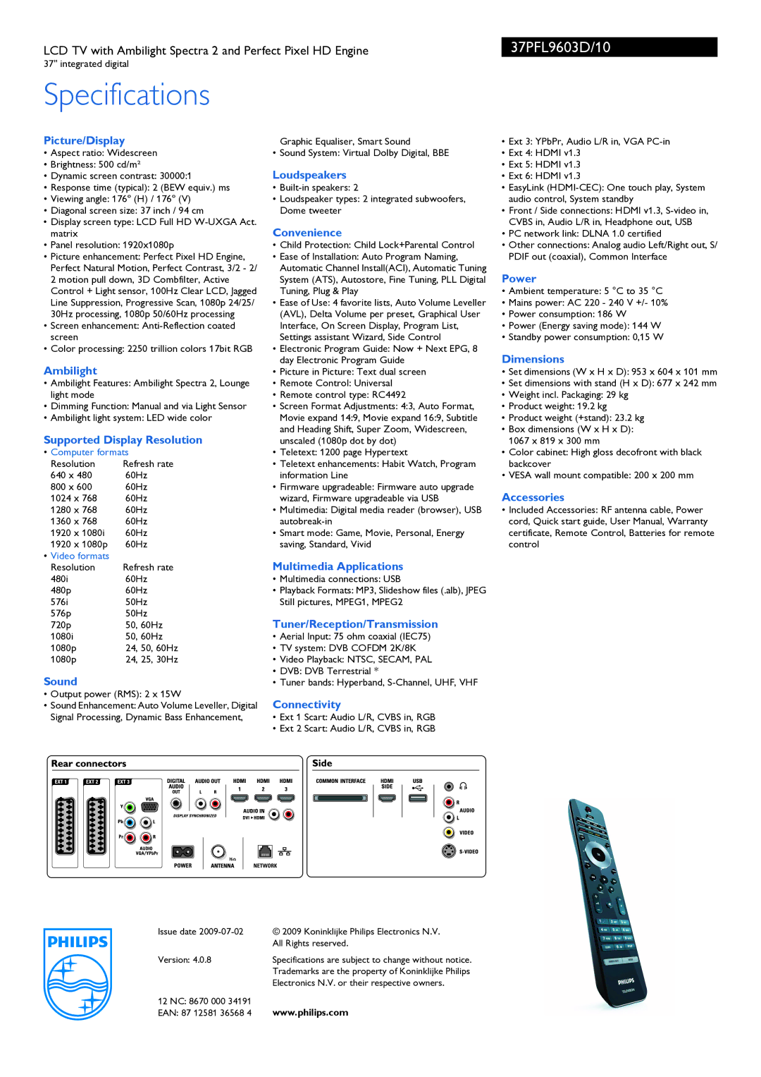 Philips 37PFL9603D/10 manual Picture/Display, Loudspeakers, Convenience, Power, Dimensions, Ambilight, Accessories, Sound 