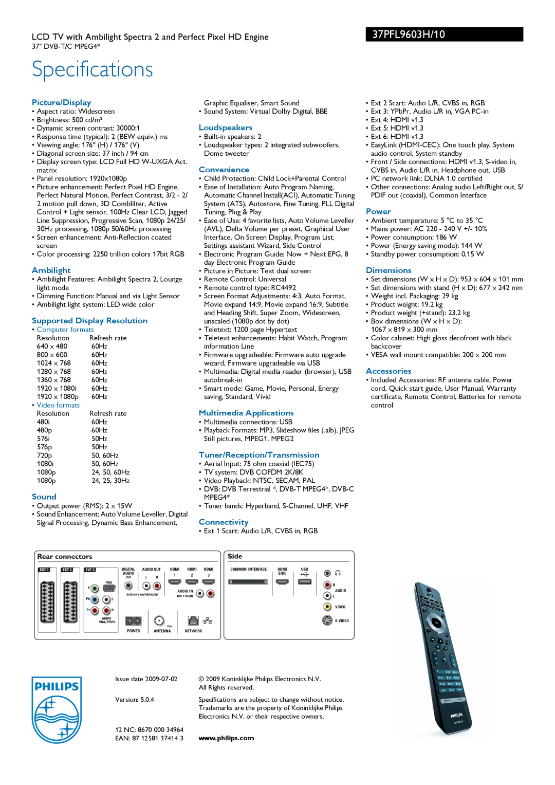 Philips 37PFL9603H/10 Picture/Display, Ambilight, Supported Display Resolution, Sound, Loudspeakers, Convenience, Power 