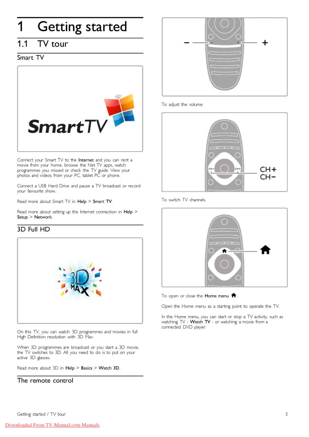 Philips 40PFL9606, 37PFL9606, 32PFL9606, 52PFL9606, 46PFL9606 Getting started, TV tour, Smart TV, 3D Full HD, Remote control 