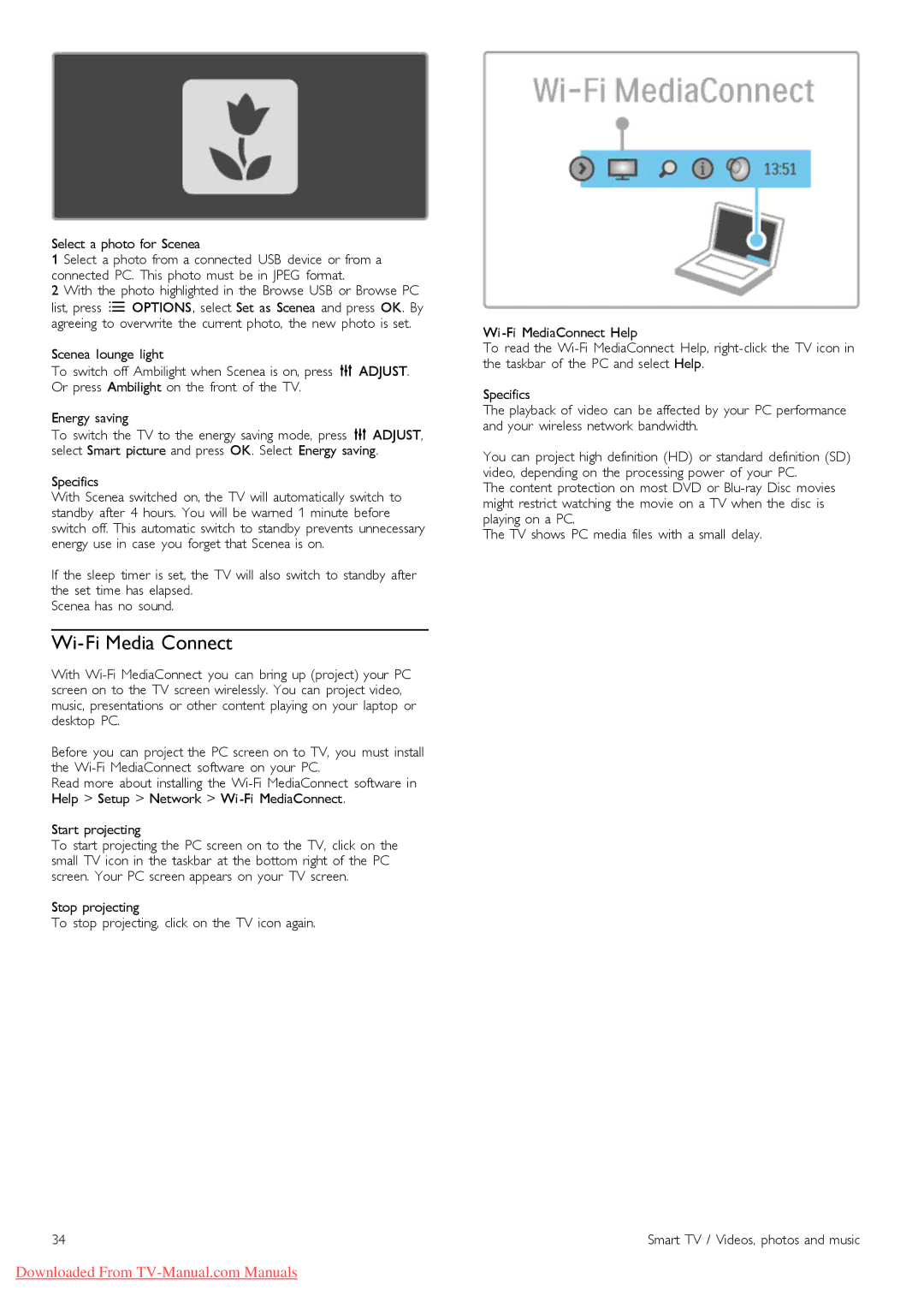 Philips 46PFL9606, 37PFL9606, 32PFL9606, 52PFL9606, 40PFL9606 manual Wi-Fi Media Connect, Select a photo for Scenea, Specifics 