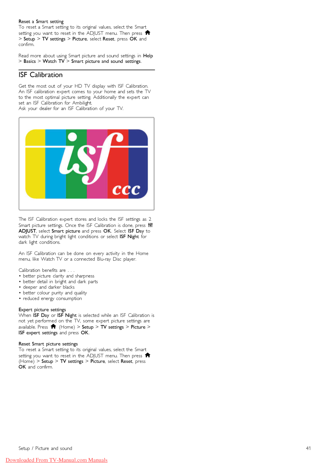 Philips 32PFL9606, 37PFL9606, 52PFL9606, 40PFL9606, 46PFL9606 manual ISF Calibration, Reset a Smart setting 