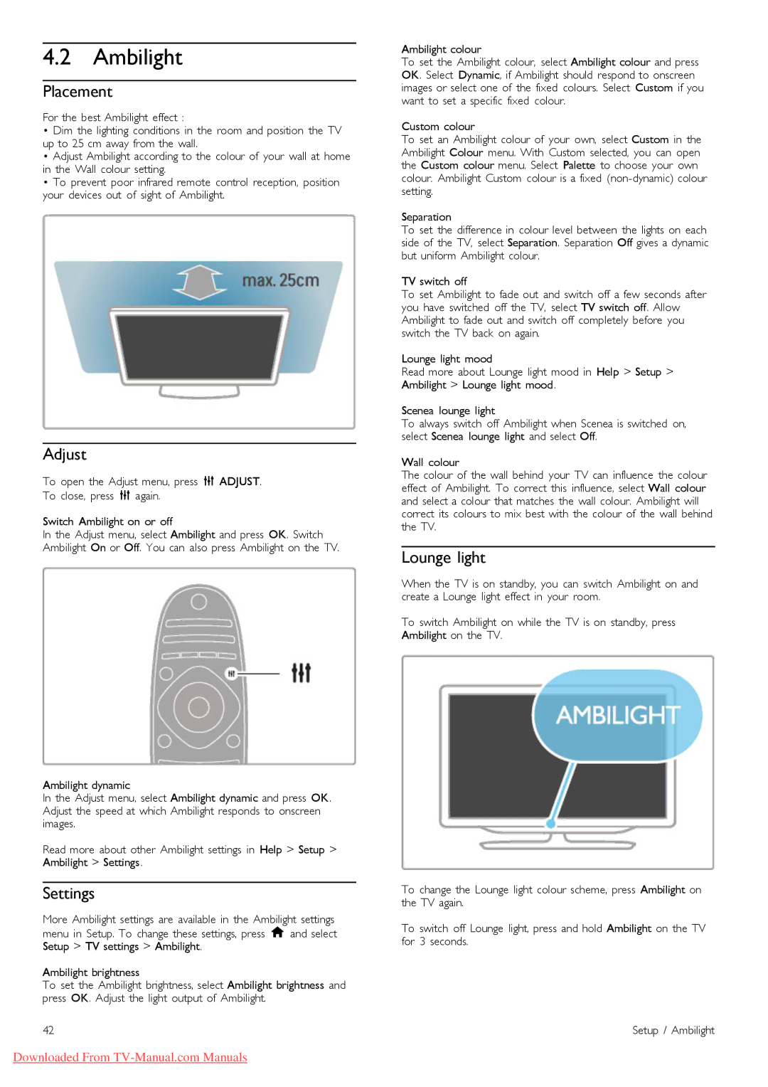 Philips 52PFL9606, 37PFL9606, 32PFL9606, 40PFL9606, 46PFL9606 manual Ambilight, Placement, Settings, Lounge light 