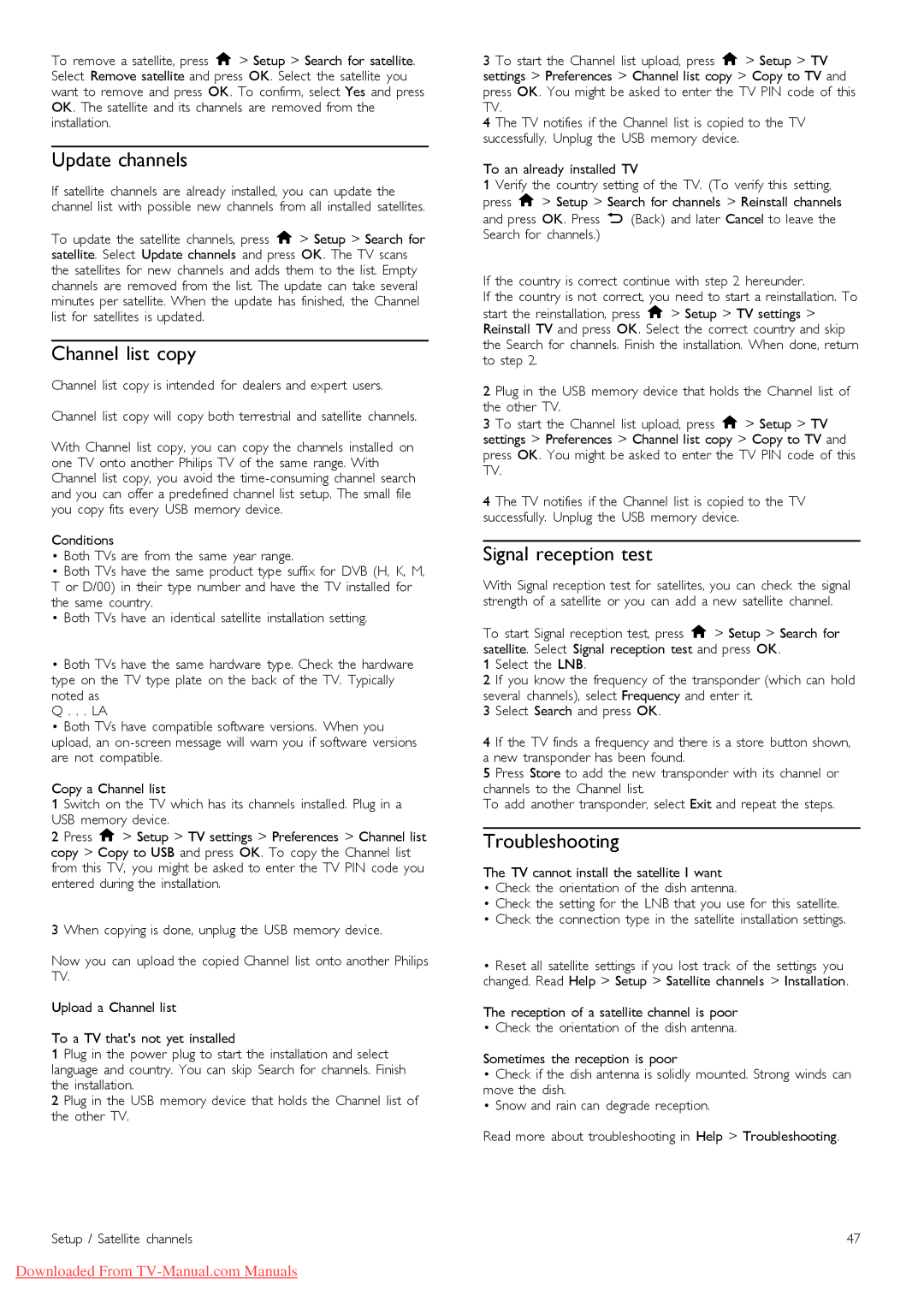 Philips 52PFL9606, 37PFL9606, 32PFL9606, 40PFL9606, 46PFL9606 manual Channel list copy, Signal reception test, Troubleshooting 