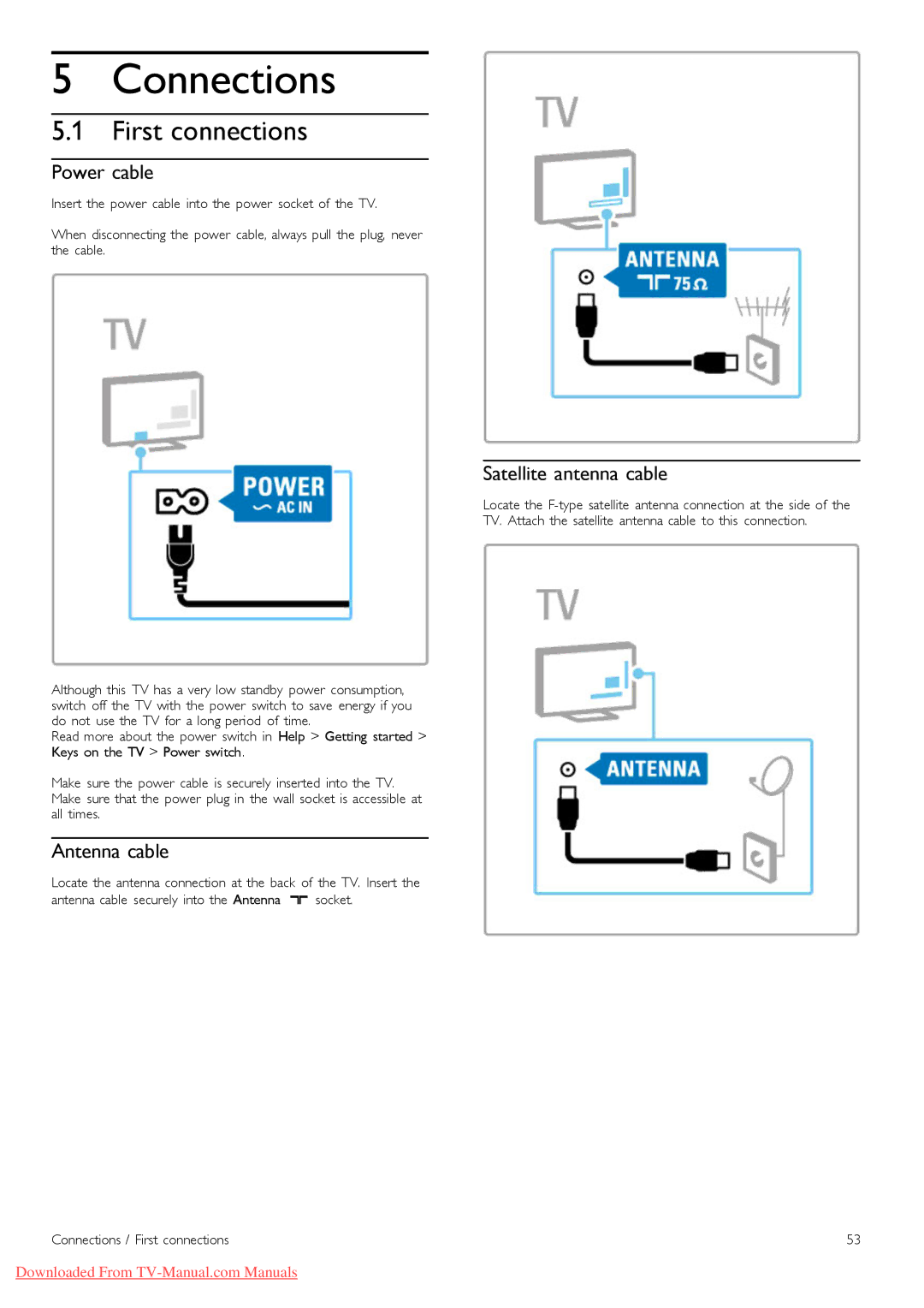 Philips 40PFL9606, 37PFL9606, 32PFL9606 Connections, First connections, Power cable, Antenna cable, Satellite antenna cable 