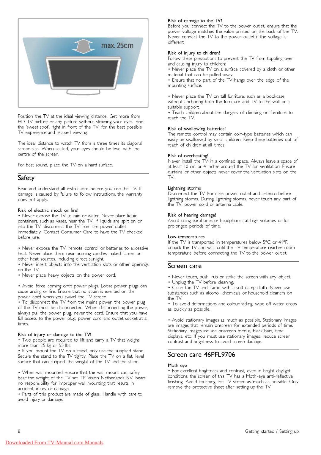 Philips 40PFL9606, 37PFL9606, 32PFL9606, 52PFL9606, 46PFL9606 manual Safety, Screen care 46PFL9706, Moth eye 