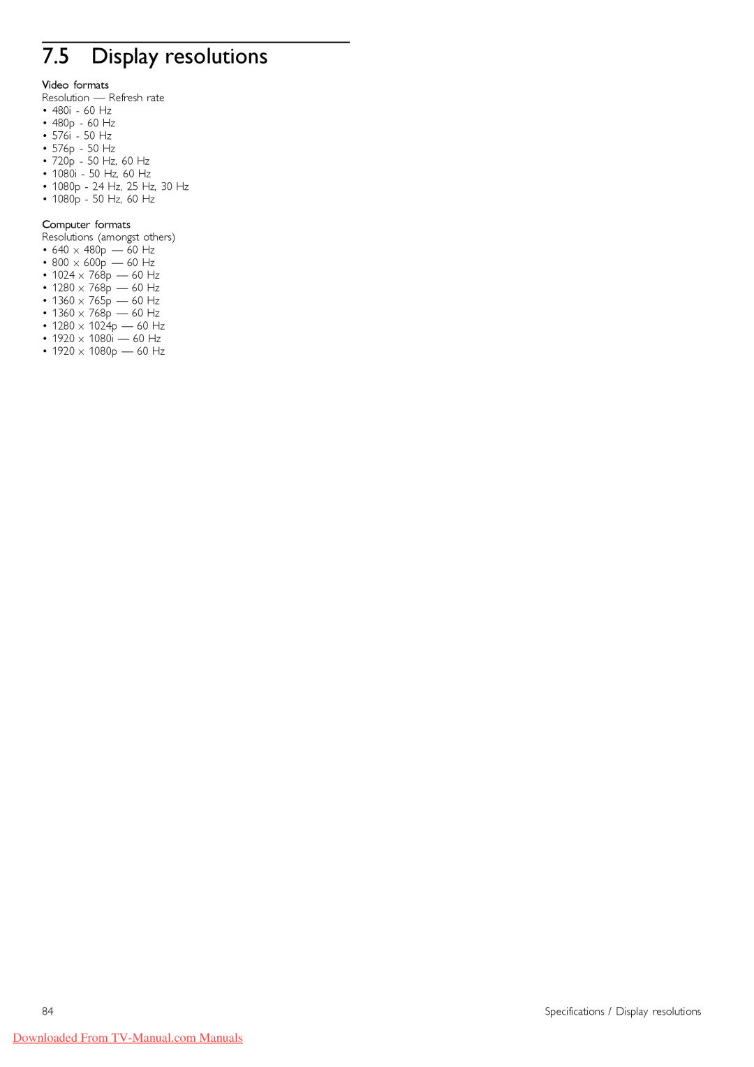 Philips 46PFL9606, 37PFL9606, 32PFL9606, 52PFL9606, 40PFL9606 manual Display resolutions 